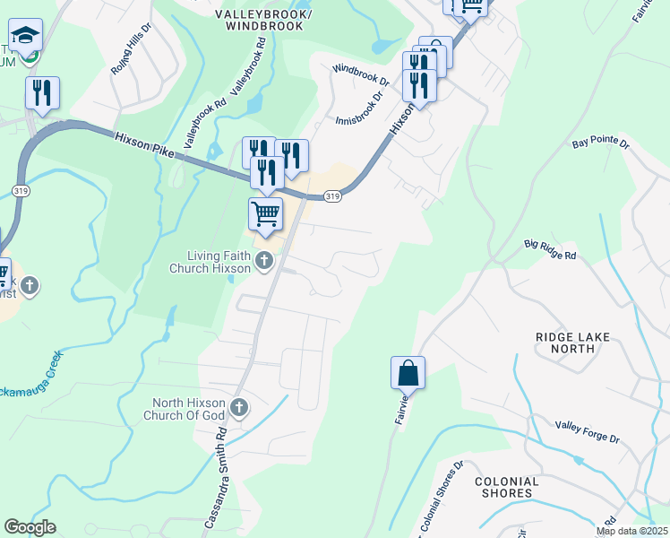map of restaurants, bars, coffee shops, grocery stores, and more near 6108 Amber Brook Drive in Chattanooga