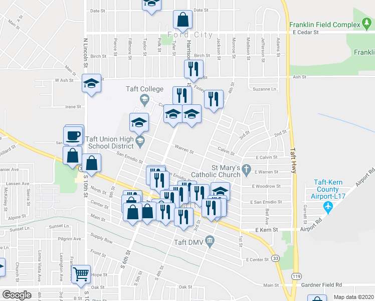 map of restaurants, bars, coffee shops, grocery stores, and more near 501 Warren Street in Taft