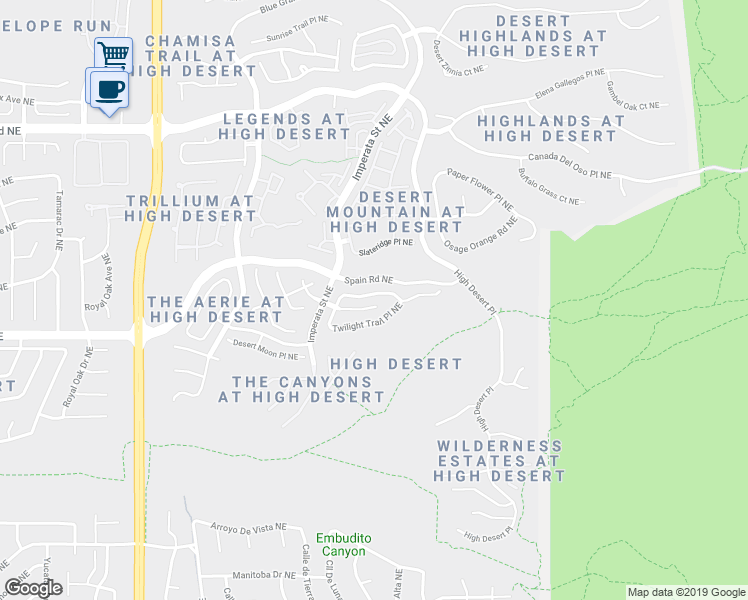 map of restaurants, bars, coffee shops, grocery stores, and more near 13227 Moondance Place Northeast in Albuquerque