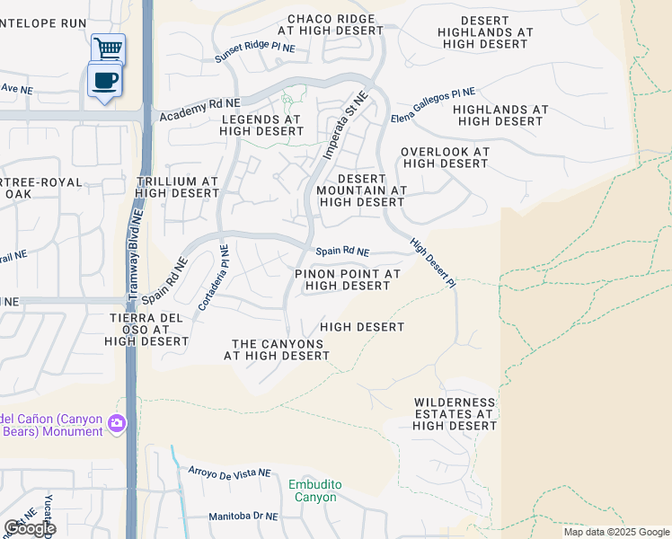 map of restaurants, bars, coffee shops, grocery stores, and more near 13227 Moondance Place Northeast in Albuquerque