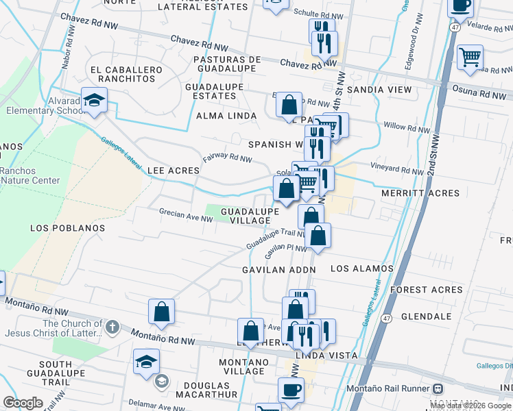 map of restaurants, bars, coffee shops, grocery stores, and more near 6115 Calle Nueve Northwest in Albuquerque