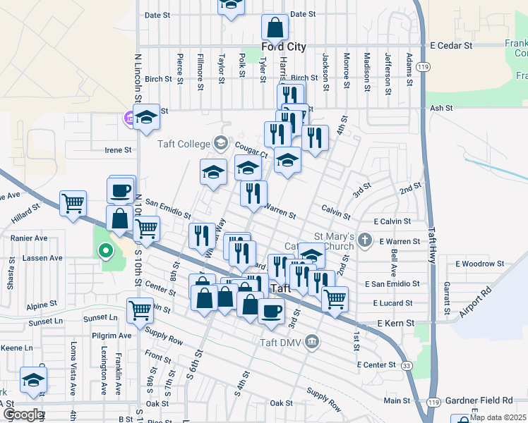 map of restaurants, bars, coffee shops, grocery stores, and more near 511 Warren Street in Taft