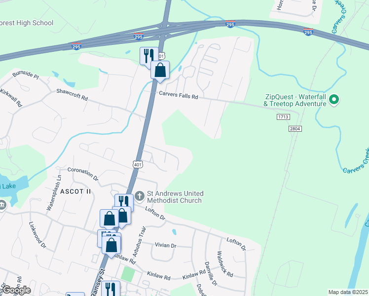 map of restaurants, bars, coffee shops, grocery stores, and more near 179 Peatmoss Drive in Fayetteville