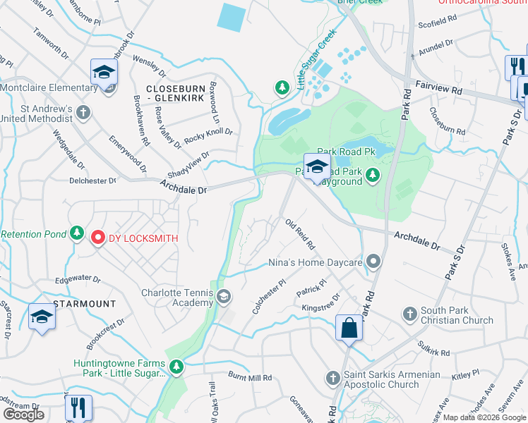 map of restaurants, bars, coffee shops, grocery stores, and more near 6523 Clavell Lane in Charlotte