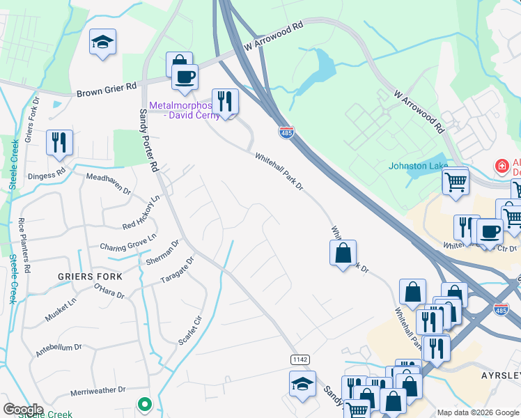 map of restaurants, bars, coffee shops, grocery stores, and more near 3020 Morning Mist Lane in Charlotte