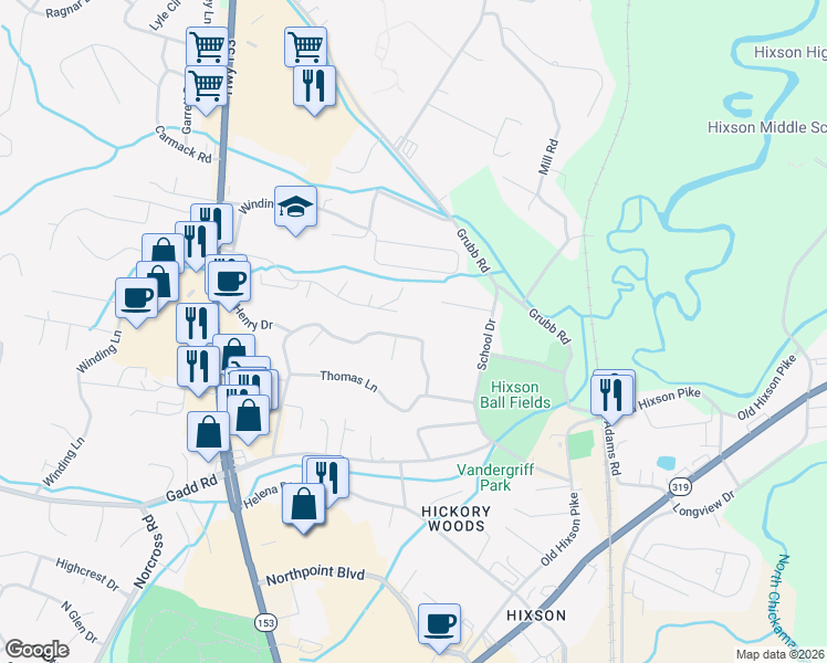 map of restaurants, bars, coffee shops, grocery stores, and more near 1257 Northern Hills Road in Chattanooga