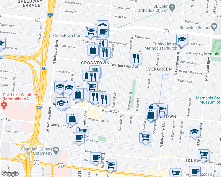 map of restaurants, bars, coffee shops, grocery stores, and more near 289 North McNeil Street in Memphis