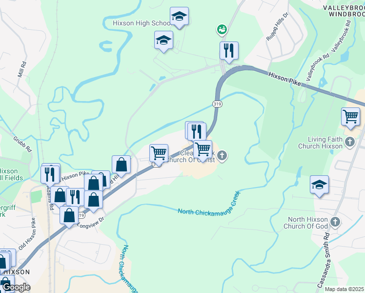 map of restaurants, bars, coffee shops, grocery stores, and more near 5575 Hixson Pike in Chattanooga