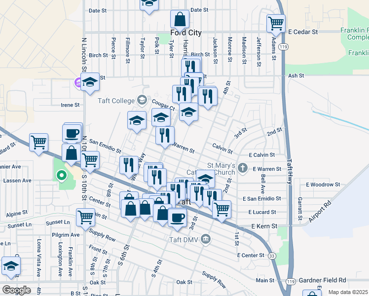 map of restaurants, bars, coffee shops, grocery stores, and more near Warren Street & 5th Street in Taft