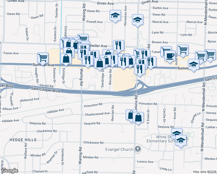 map of restaurants, bars, coffee shops, grocery stores, and more near 552 Berclair Road in Memphis