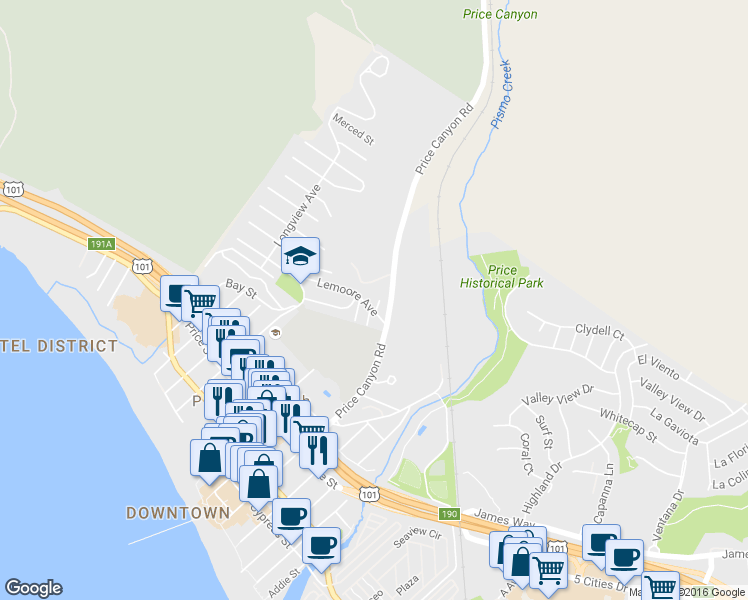map of restaurants, bars, coffee shops, grocery stores, and more near 351 Selma Street in Pismo Beach