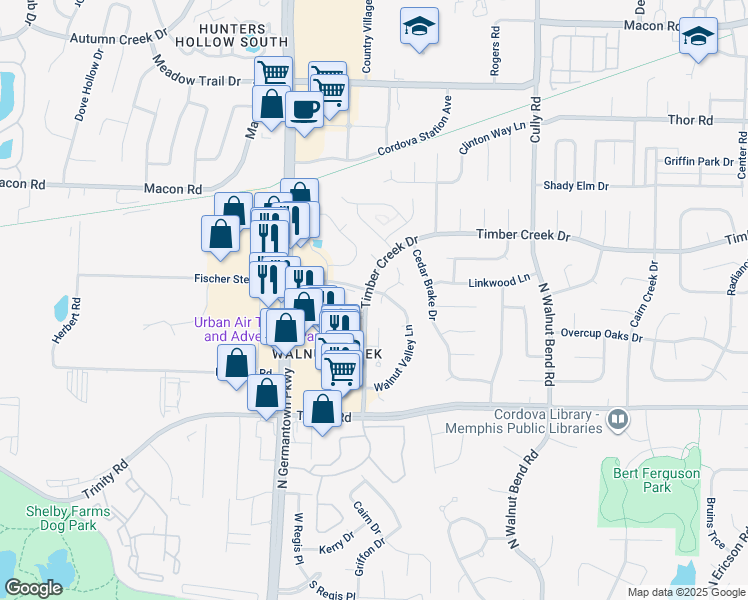 map of restaurants, bars, coffee shops, grocery stores, and more near 8146 Walnut Valley Cove in Memphis