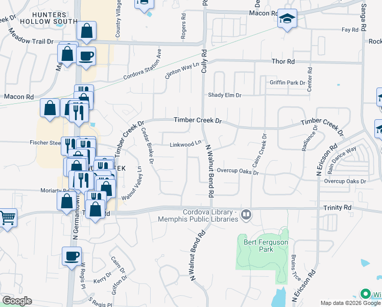 map of restaurants, bars, coffee shops, grocery stores, and more near 8327 Linkwood Lane in Memphis