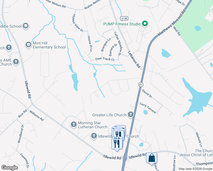 map of restaurants, bars, coffee shops, grocery stores, and more near 12615 Hashanli Place in Matthews