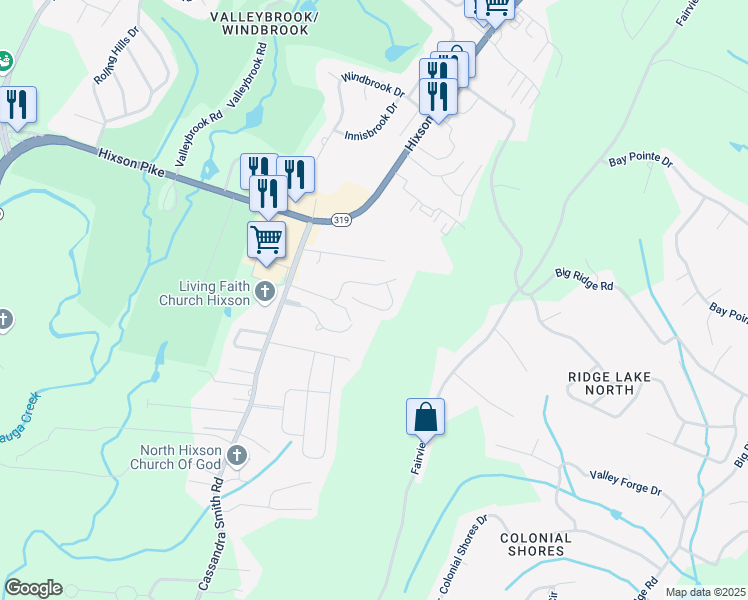 map of restaurants, bars, coffee shops, grocery stores, and more near 6231 Jacq Court in Chattanooga