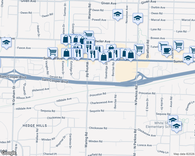 map of restaurants, bars, coffee shops, grocery stores, and more near 583 North Foy Circle in Memphis