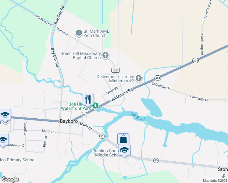 map of restaurants, bars, coffee shops, grocery stores, and more near 107 Vance St in Bayboro