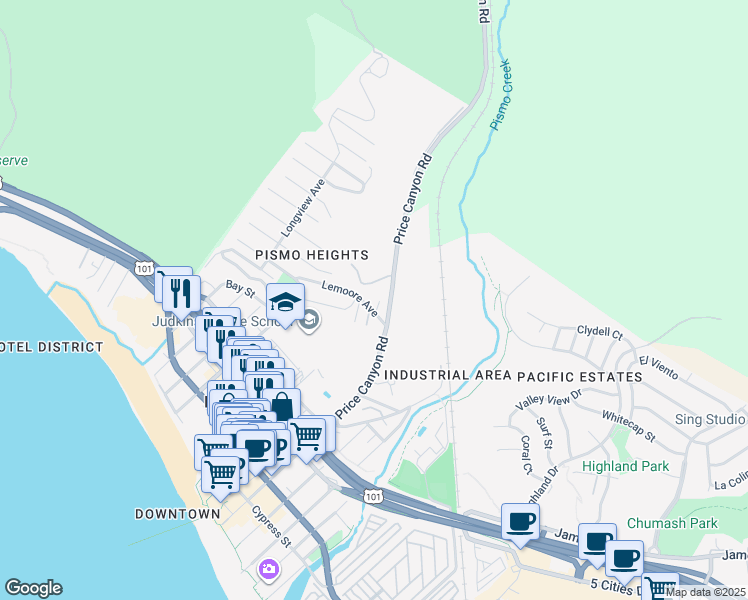 map of restaurants, bars, coffee shops, grocery stores, and more near 351 Selma Street in Pismo Beach