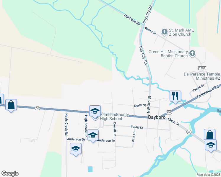 map of restaurants, bars, coffee shops, grocery stores, and more near 5th Street in Bayboro