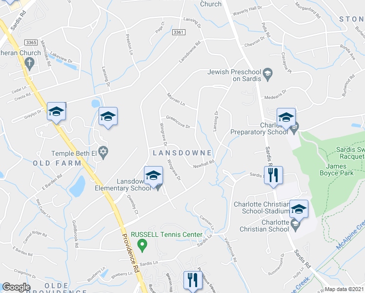 map of restaurants, bars, coffee shops, grocery stores, and more near 6433 Newhall Road in Charlotte