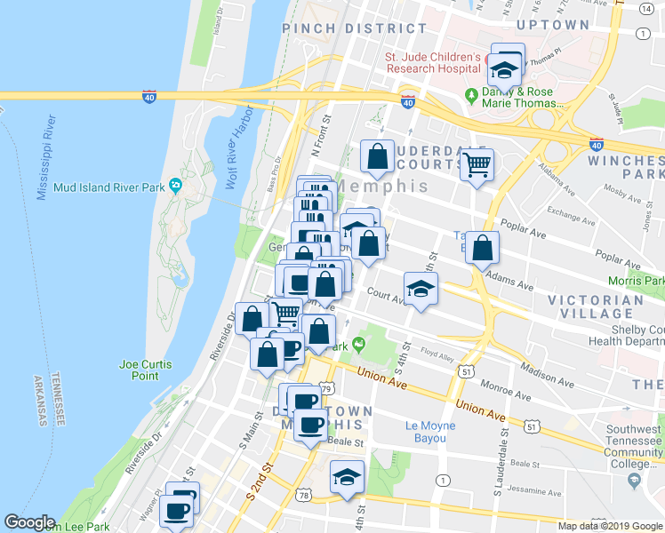 map of restaurants, bars, coffee shops, grocery stores, and more near 130 Court Avenue in Memphis