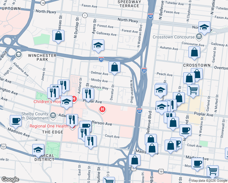 map of restaurants, bars, coffee shops, grocery stores, and more near 247 Cochran Place in Memphis