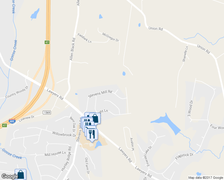 map of restaurants, bars, coffee shops, grocery stores, and more near 8139 Stevens Mill Road in Matthews