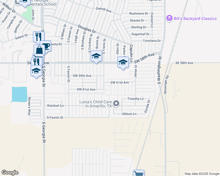 map of restaurants, bars, coffee shops, grocery stores, and more near 6104 McKay Court in Amarillo