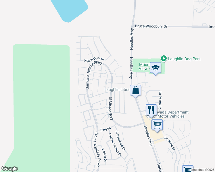 map of restaurants, bars, coffee shops, grocery stores, and more near 2797 Beacon Rock Drive in Laughlin