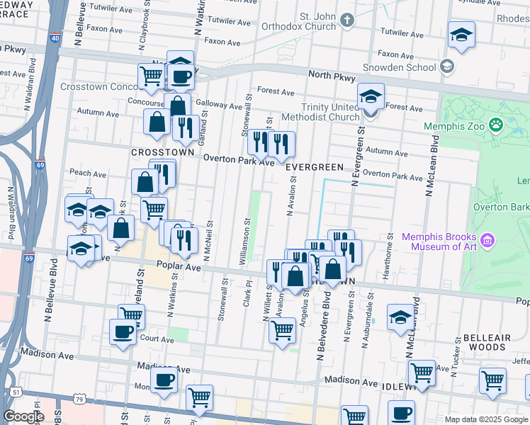 map of restaurants, bars, coffee shops, grocery stores, and more near 297 North Willett Street in Memphis
