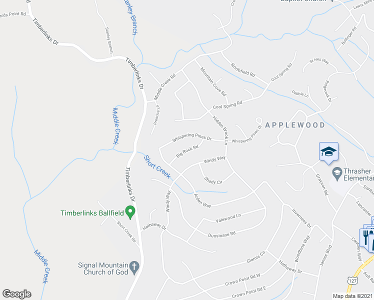 map of restaurants, bars, coffee shops, grocery stores, and more near 9 Big Rock Road in Signal Mountain