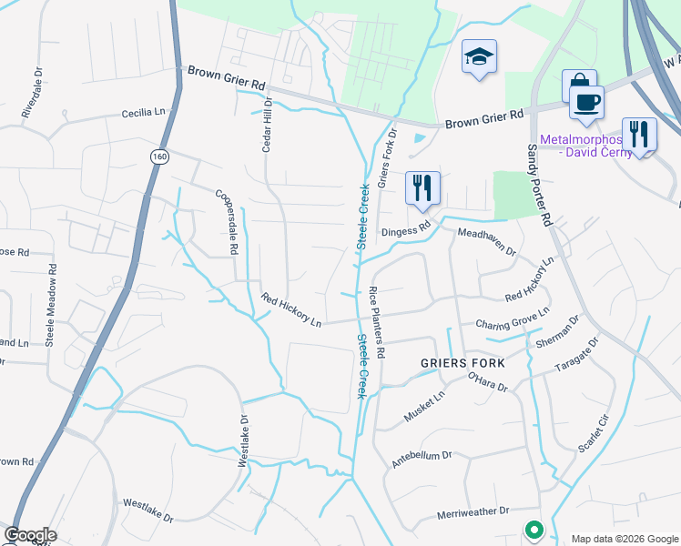 map of restaurants, bars, coffee shops, grocery stores, and more near 3632 Broad Oak Drive in Charlotte