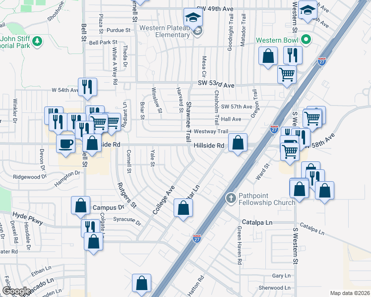 map of restaurants, bars, coffee shops, grocery stores, and more near 6000 Shawnee Trail in Amarillo