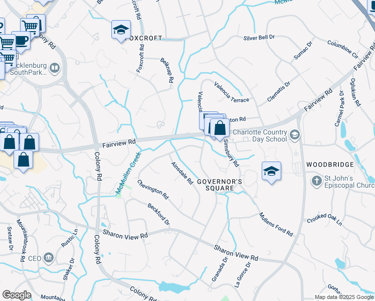 map of restaurants, bars, coffee shops, grocery stores, and more near 3417 Chevington Road in Charlotte