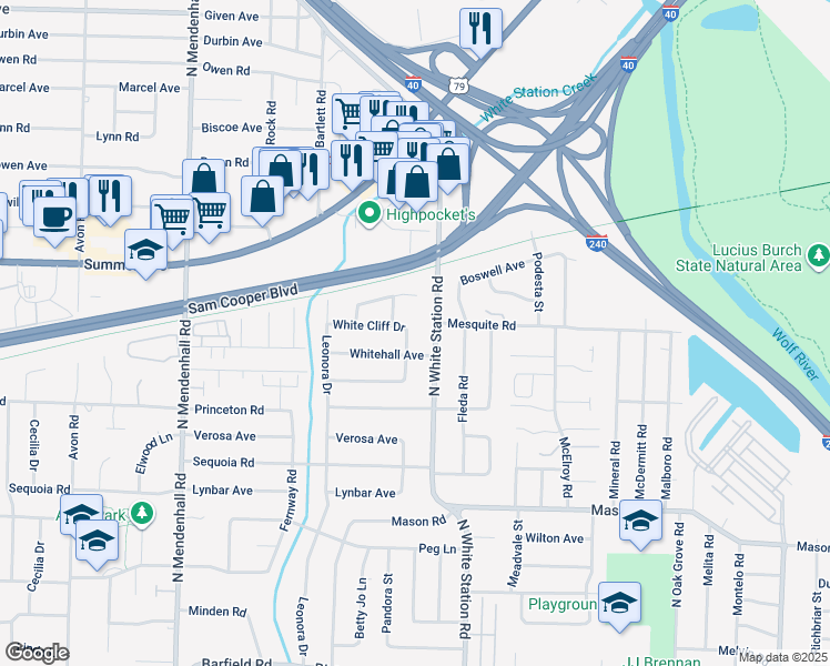 map of restaurants, bars, coffee shops, grocery stores, and more near 5196 White Cliff Drive in Memphis