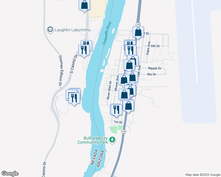 map of restaurants, bars, coffee shops, grocery stores, and more near 370 River Glen Drive in Bullhead City