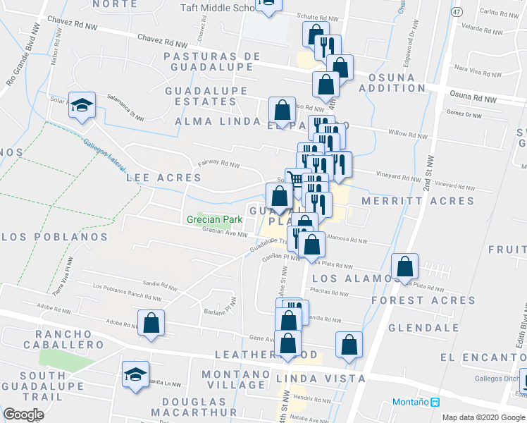 map of restaurants, bars, coffee shops, grocery stores, and more near 500 Círculo Gallegos Northwest in Albuquerque