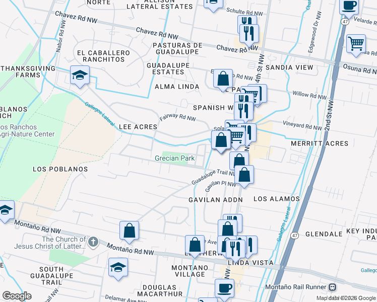 map of restaurants, bars, coffee shops, grocery stores, and more near 6115 Calle Nueve Northwest in Albuquerque