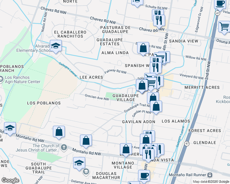 map of restaurants, bars, coffee shops, grocery stores, and more near 729 Camino Floretta Northwest in Albuquerque
