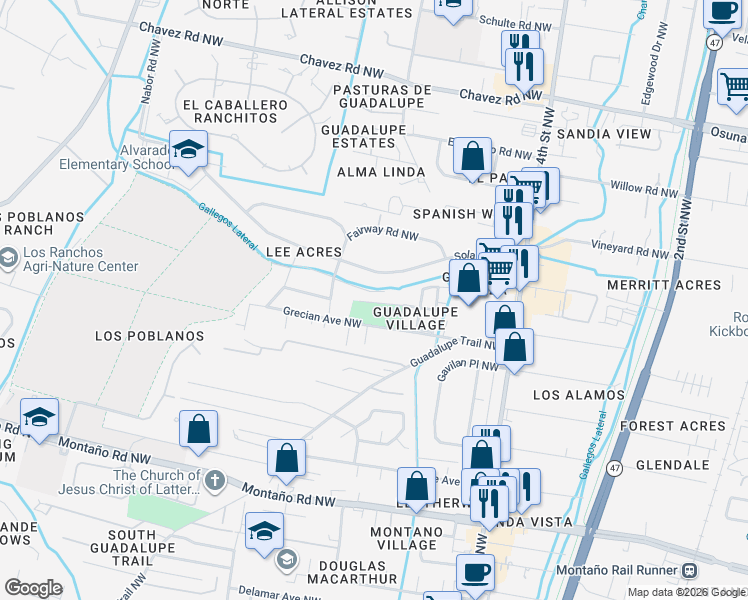 map of restaurants, bars, coffee shops, grocery stores, and more near 729 Camino Floretta Northwest in Albuquerque