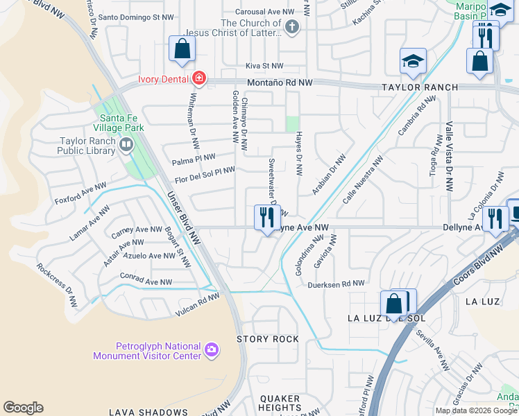 map of restaurants, bars, coffee shops, grocery stores, and more near 5232 Saratoga Court Northwest in Albuquerque