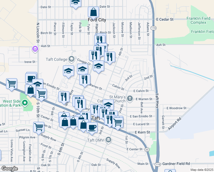 map of restaurants, bars, coffee shops, grocery stores, and more near 821 4th Street in Taft