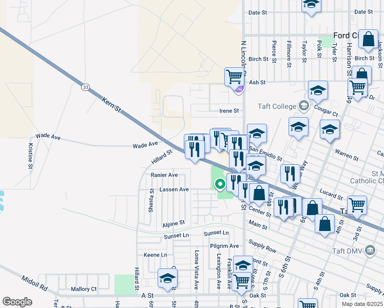 map of restaurants, bars, coffee shops, grocery stores, and more near 1423 Kern Street in Taft