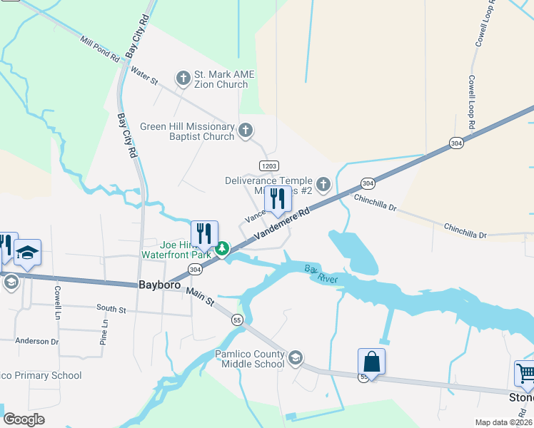 map of restaurants, bars, coffee shops, grocery stores, and more near 107 Vance St in Bayboro