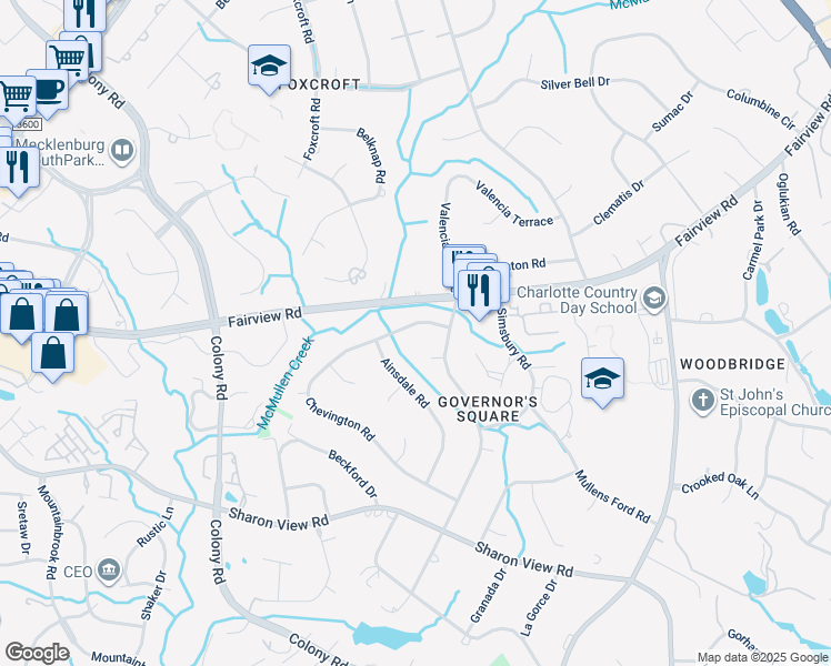 map of restaurants, bars, coffee shops, grocery stores, and more near 3417 Chevington Road in Charlotte