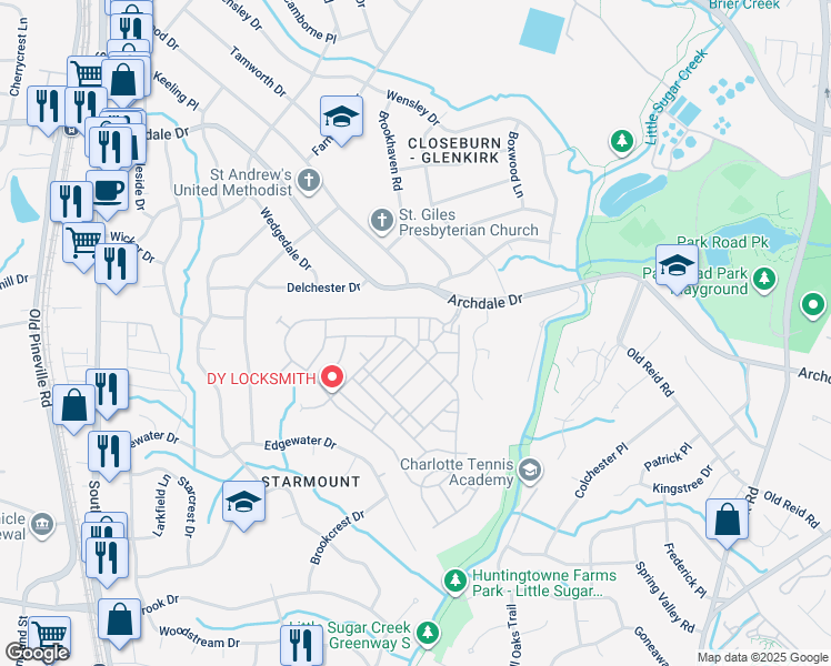 map of restaurants, bars, coffee shops, grocery stores, and more near 6413 Union Station Court in Charlotte