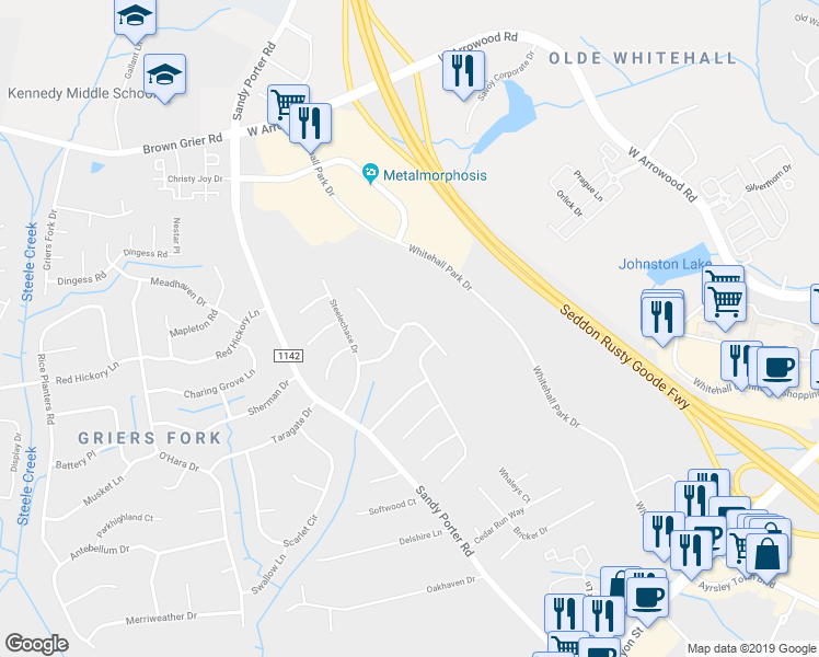 map of restaurants, bars, coffee shops, grocery stores, and more near 3020 Morning Mist Lane in Charlotte