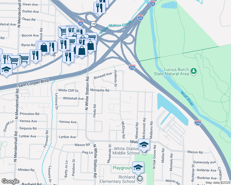 map of restaurants, bars, coffee shops, grocery stores, and more near 5325 Mesquite Road in Memphis