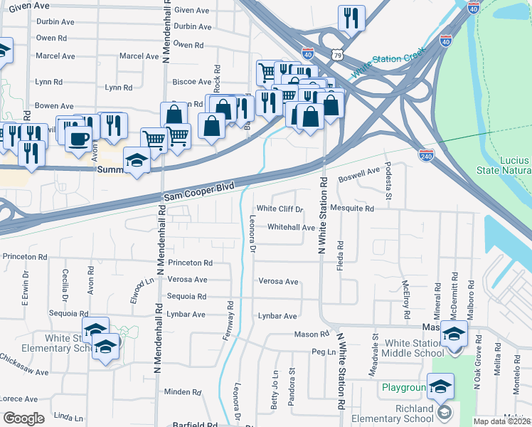 map of restaurants, bars, coffee shops, grocery stores, and more near 5103 White Cliff Drive in Memphis