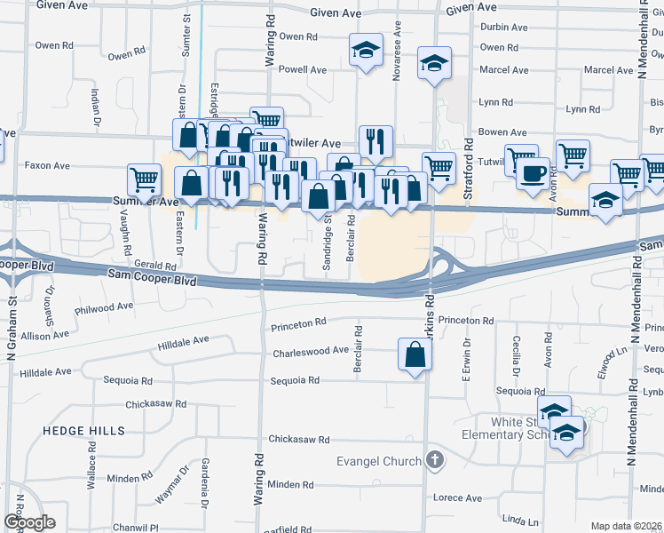 map of restaurants, bars, coffee shops, grocery stores, and more near 555 Sandridge Street in Memphis
